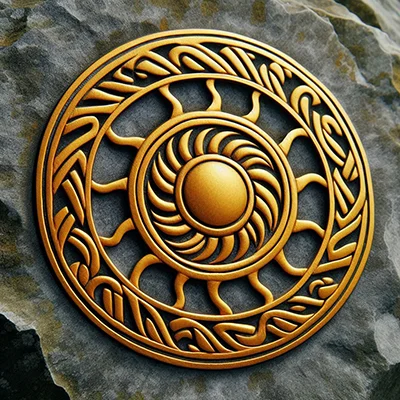 Awen estilizado con rayos dorados en piedra grabada